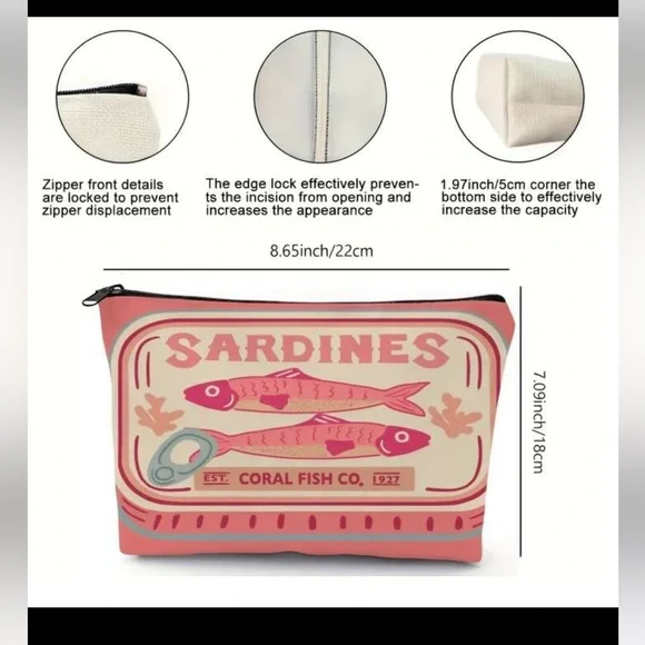 New Pink and Cream Sardines Make Up Carryall Canvas Zip Top Pouch OS - Picture 13 of 15